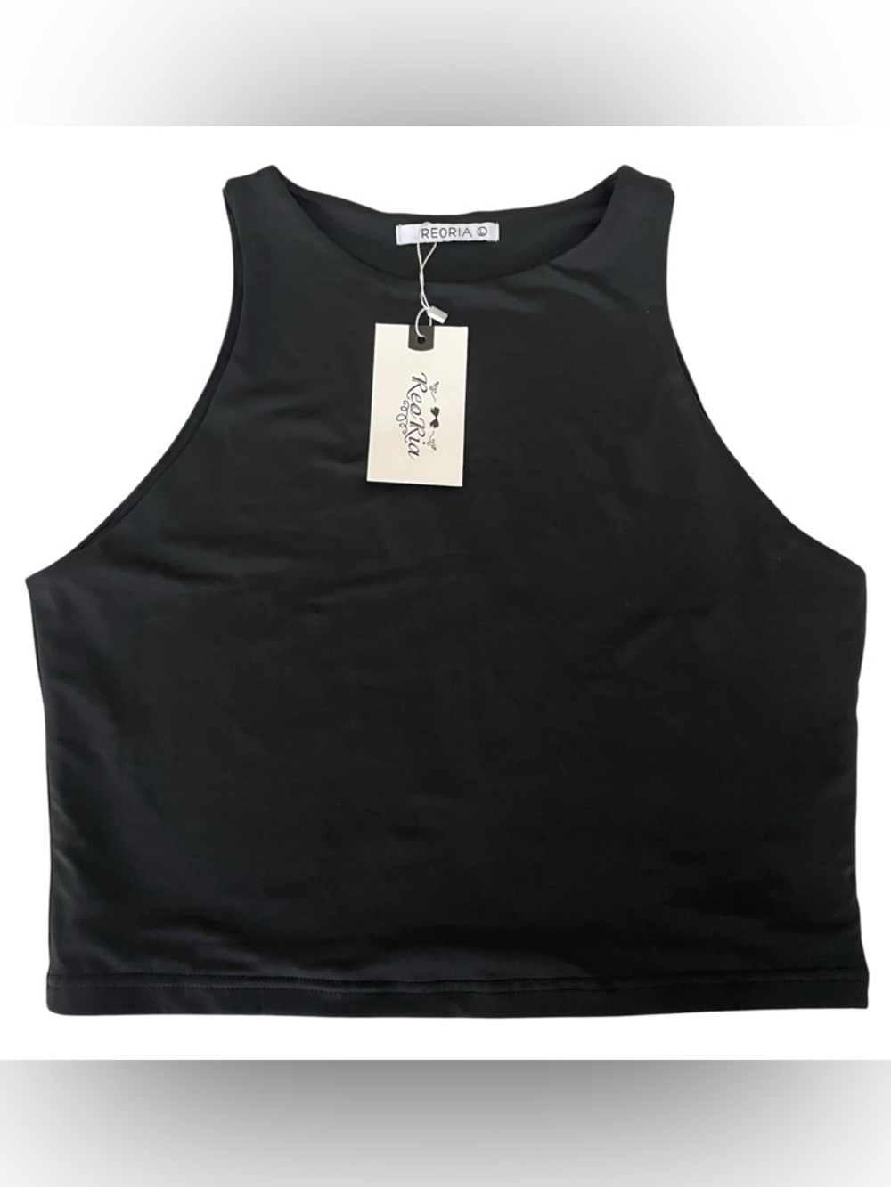 REORIA Womens High Neck Seamless Double Lined Crop Tank Top Large Black NWT